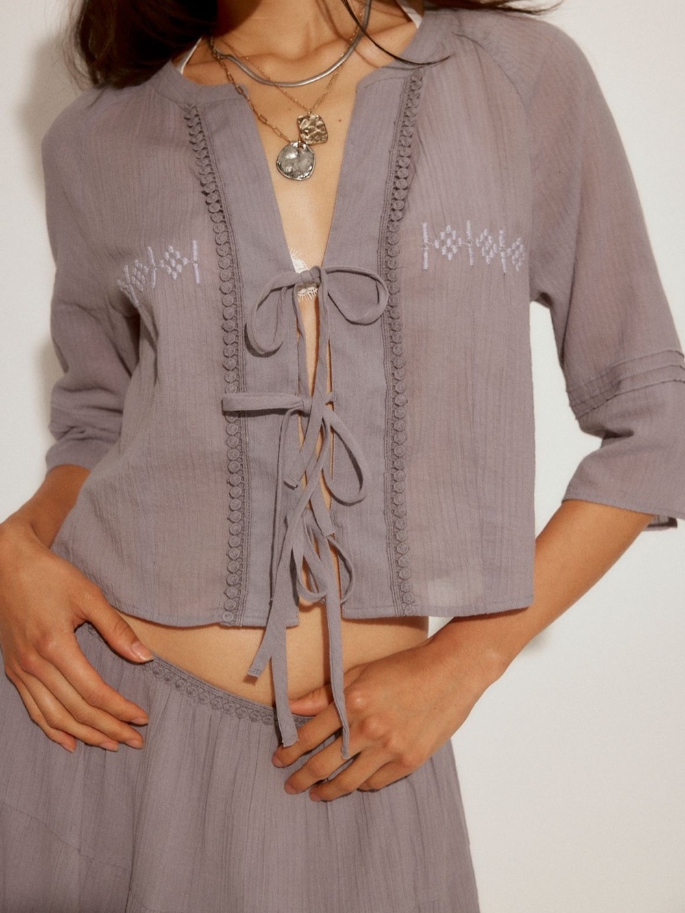Free People Bright Side Purple Ash Vintage Inspired Embroidered Skirt Top Set - Picture 2 of 14